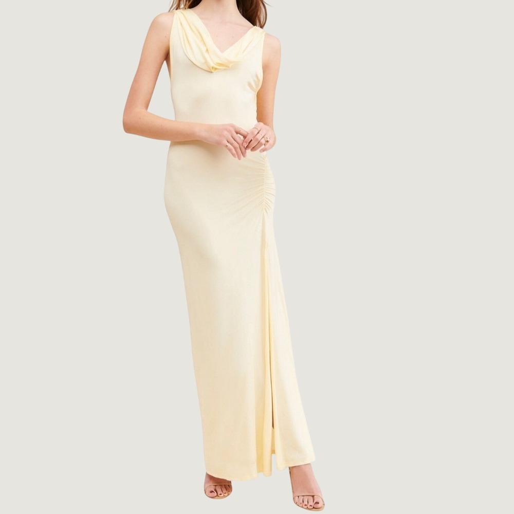 Free People Maxi Dress L Cowl Neck Open Back Side Slit Yellow Evening Gown NWT